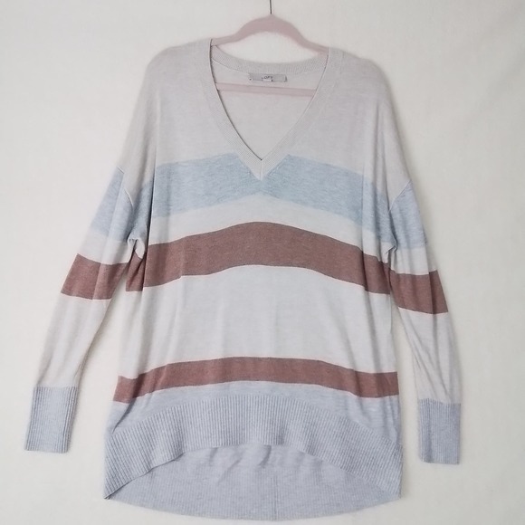 LOFT Oversized Ribbed V Neck‎ Sweater Size Medium Blue, Beige, Brown Stripes - Picture 1 of 12